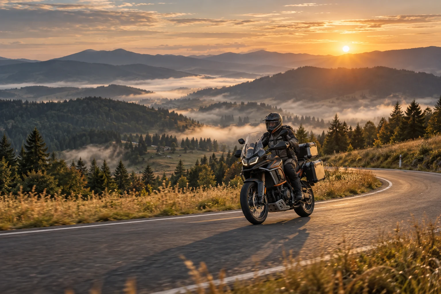 Motorcyclist on a winding mountain road at sunrise — AI illustration